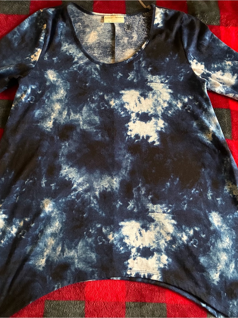 Bobbie Brooks Navy and White Tie-Dye Scoop Neck Long Sleeve Top